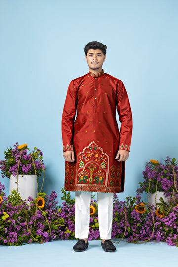 Regal Ember Crest Jacquard Kurta