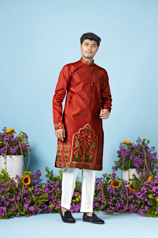 Regal Ember Crest Jacquard Kurta